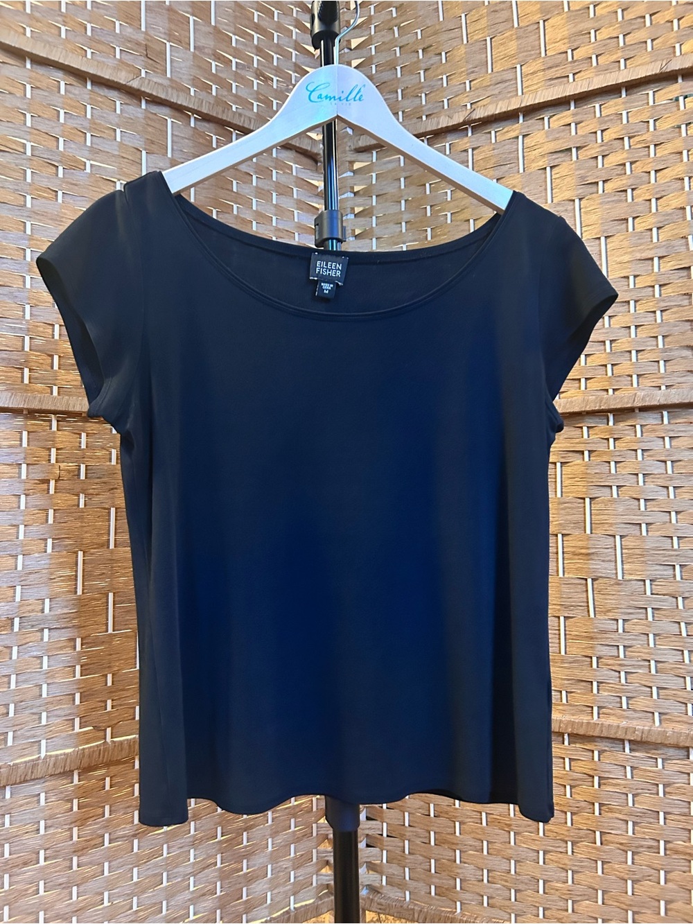 Eileen Fisher Pure Silk Black Short Sleeve Scoop Neck Top